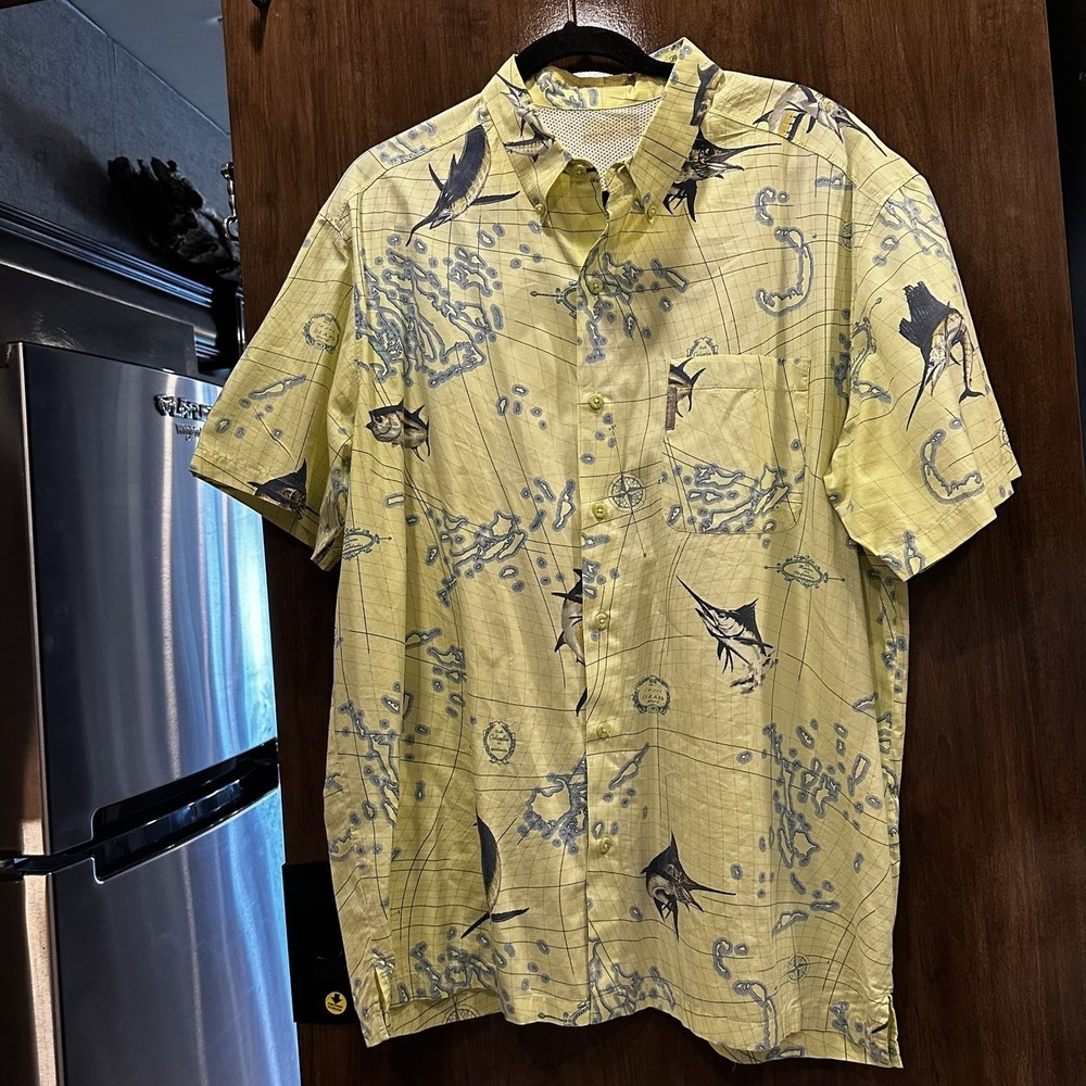 Columbia PFG Swordfish Camp Shirt Size L Marlin Button Up Vented Yellow Blue‎